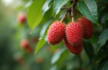 Ripe red lychees hang in green leafy tree branches. This juicy tropical fruit ripens on the vine, ready for harvest. A delicious natural food source.