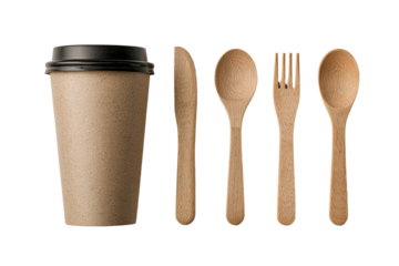 Brown cardboard cup, with wooden knife, fork, and spoons on black