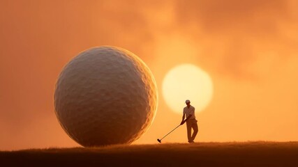 Surreal golf scene with giant ball at sunset - Powered by Adobe