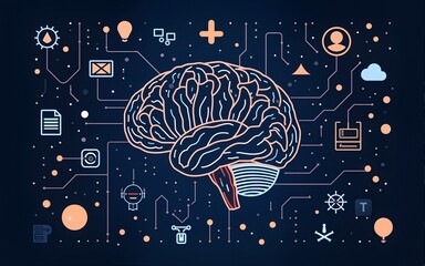 Artificial intelligence outline icons: AI neural brain, data algorithms, generative automation, cloud networks, circuits, collaboration, devices—clean technology vector, editable stroke