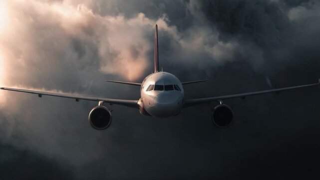 Soaring Through the Tempest: A commercial airliner boldly navigates a tempestuous sky, its form a symbol of human ingenuity against the raw power of nature.