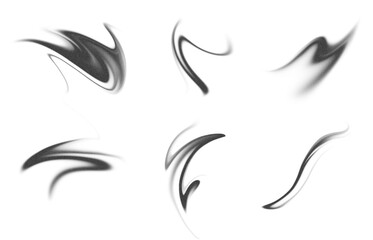 Soft gradient grainy grunge blurs with noise texture on clean white background, ideal for design projects use. Dynamic abstract motion shapes with smooth curved lines in black, white, and gray tones. 