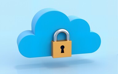 3D rendering of blue cloud with padlock, symbolizing secure cloud storage, data protection, and digital security. High quality