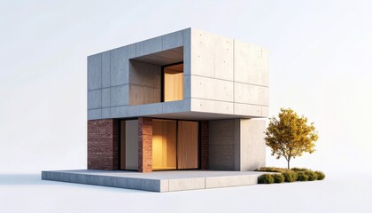 Modern Minimalist Concrete House Design with Warm Interior with Tree  White Backdrop.