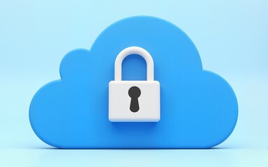 3D rendering of blue cloud with padlock, symbolizing secure cloud storage, data protection, and digital security. High quality