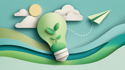 Paper art of green ecology and save energy for environment conservation concept, landing page website background vector illustration