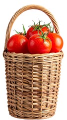 Fresh, ripe red tomatoes overflowing a charming, woven basket