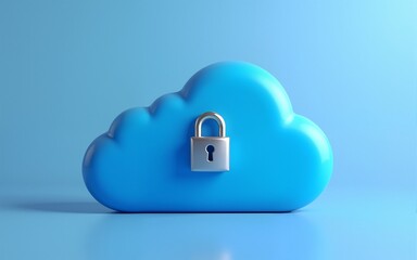 3D rendering of blue cloud with padlock, symbolizing secure cloud storage, data protection, and digital security. High quality