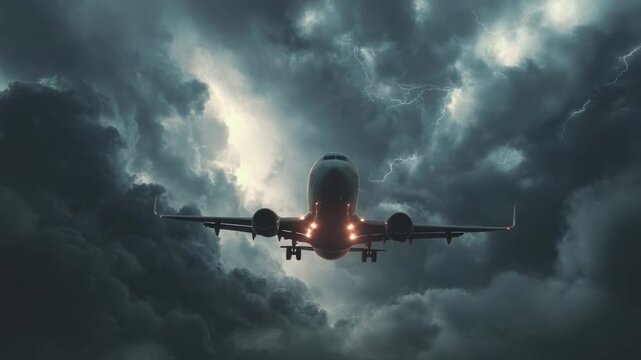 The Plane's Brave Ascent Through Stormy Skies: A commercial airplane boldly navigates a tumultuous sky filled with dark, ominous storm clouds, conveying a sense of courage.