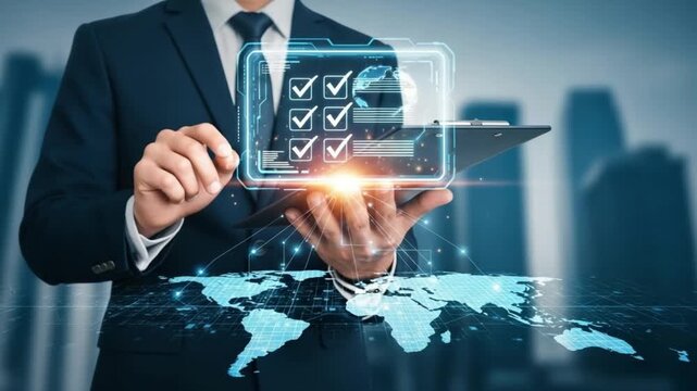 Man in suit holding digital checklist over world map with city background and pointing finger