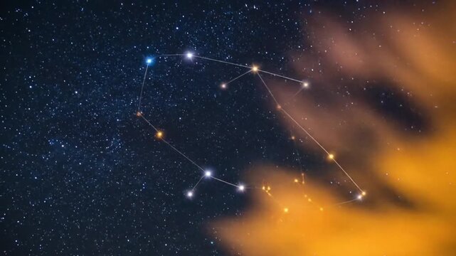 A stunning cosmic panorama depicting a celestial map of connected stars against a dark, starry canvas