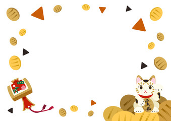 Lucky Maneki Neko and Golden Coin Frame Illustration for New Year Greeting