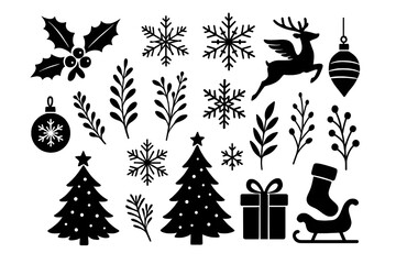 Christmas icons black and white holiday silhouettes with festive decorations and winter motifs. Coloring Book