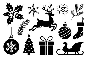 Christmas icons black and white holiday silhouettes with festive decorations and winter motifs. Coloring Book