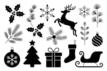 Christmas icons black and white holiday silhouettes with festive decorations and winter motifs. Coloring Book