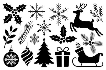 Christmas icons black and white holiday silhouettes with festive decorations and winter motifs. Coloring Book