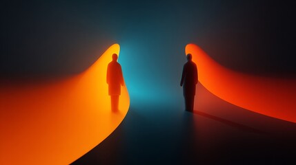 Two abstract shapes representing business and a customer initially far apart with a beautiful glowing bridge of trust and communication forming between them