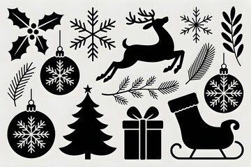 Christmas icons black and white holiday silhouettes with festive decorations and winter motifs. Coloring Book