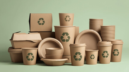 Eco-friendly disposable green leaf tableware with paper packaging and recycling sign, environmental protection and sustainability concept