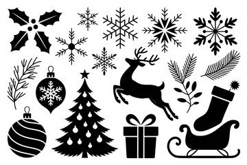 Christmas icons black and white holiday silhouettes with festive decorations and winter motifs. Coloring Book