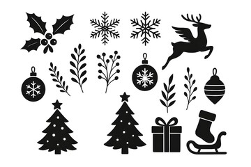 Christmas icons black and white holiday silhouettes with festive decorations and winter motifs. Coloring Book