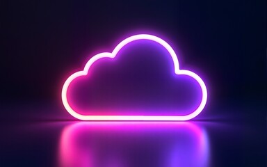 Neon glowing cloud icon with purple and pink hues on a dark reflective surface, symbolizing modern digital cloud technology. High quality
