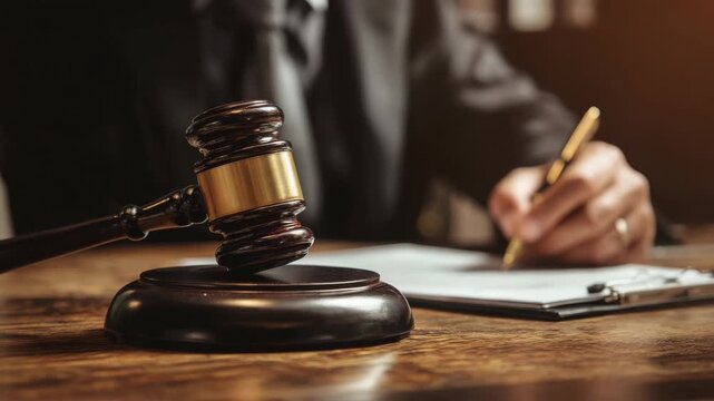 Judge&rsquo;s gavel with hand signing document