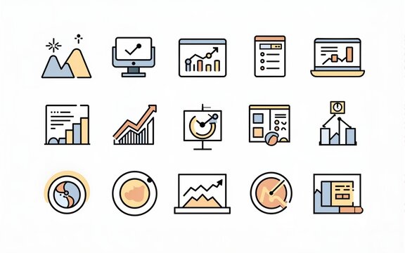 Analytics icon set. Containing data analytics, graph visualization, dashboard metrics, report, financial, seo analytics, and more. Outline Icon Collection. Vector illustration. Editable stroke
