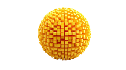 Sphere of small yellow cubes against a stark black backdrop