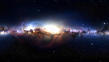 Fototapeta premium Panoramic view of the Milky Way galaxy with vibrant colors and bright core in space.