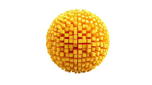 Sphere of small yellow cubes against a stark black backdrop