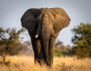 Obraz premium Majestic African elephant walks toward the camera in a grassy field