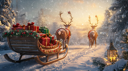 Christmas sleigh pulled by reindeers through a snowy forest carrying gifts and presents a festive holiday scene