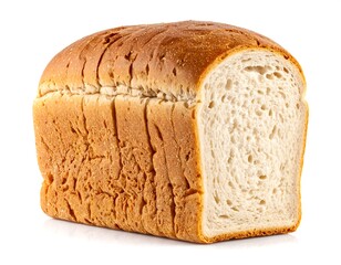 Fresh, sliced loaf of bread, partially cut, with a white background
