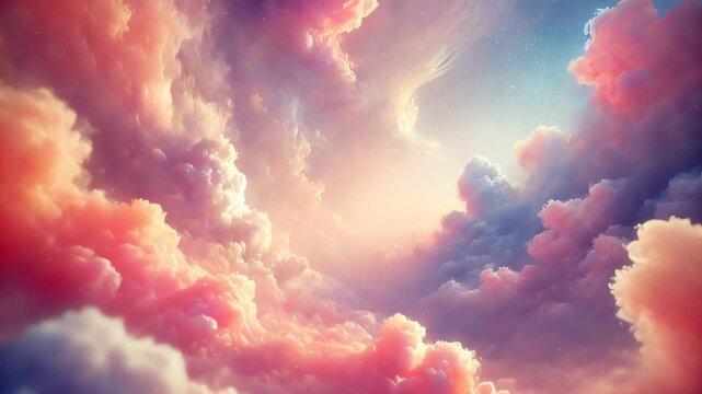 Video of soft focus pastel sky with pink, peach, and lavender clouds creating dreamy mood.
