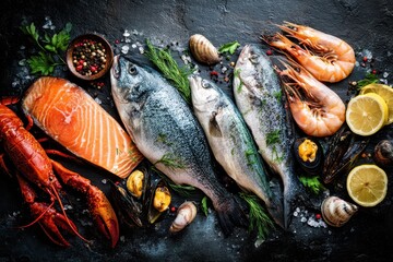 Fresh fish and seafood assortment displayed on black slate with vibrant colors and textures in a coastal setting