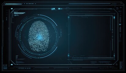 Blue holographic user interface with a glowing fingerprint scan and empty data fields