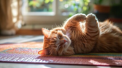 Fluffy red-orange cat stretching in downward dog pose on a colorful yoga mat, soft natural light streaming through window, calm and cozy indoor setting
