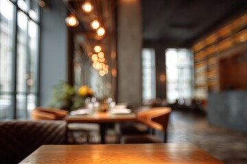 Elegant modern restaurant interior in a bustling city, showcasing a warm ambiance with focused lighting and beautifully arranged dining space