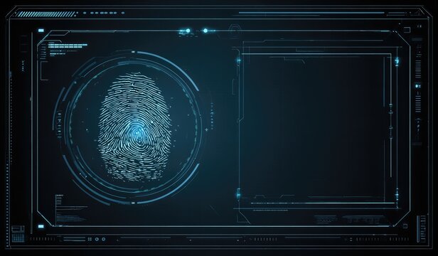 Blue holographic user interface with a glowing fingerprint scan and empty data fields