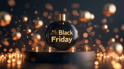 Elegant black perfume bottle on a pedestal with golden bokeh lights for black friday promotion