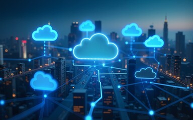 A cityscape with multiple cloud icons and digital streams connecting them, representing the interconnected network of cloud based software services. High quality