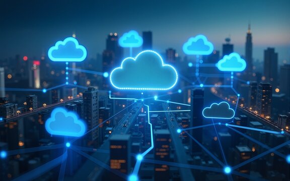 A cityscape with multiple cloud icons and digital streams connecting them, representing the interconnected network of cloud based software services. High quality