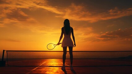 Female tennis player at sunset on court