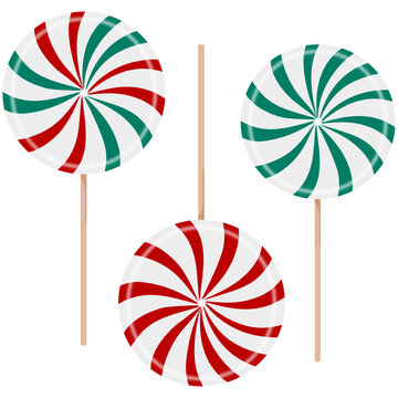 Vector peppermint candy lollipop elements in red and green for Christmas design.