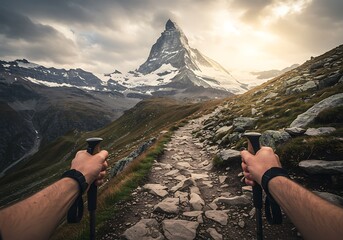 Mountain climber perspective hiking rocky trail toward snow peak at sunset