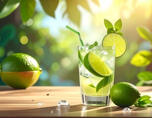 Fresh summer cocktail with lime slices, ice, and mint leaves on a wood table