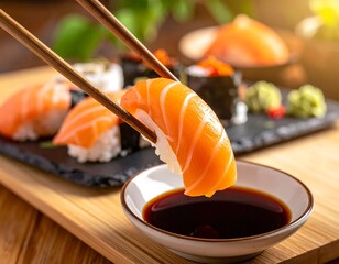 Fresh sushi nigiri being dipped in soy sauce with chopsticks