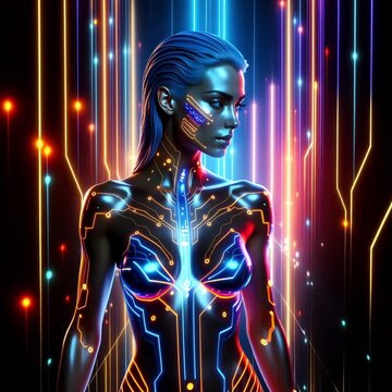 Video of woman in cyberpunk style illuminated by neon lights with futuristic sci fi vibe.
