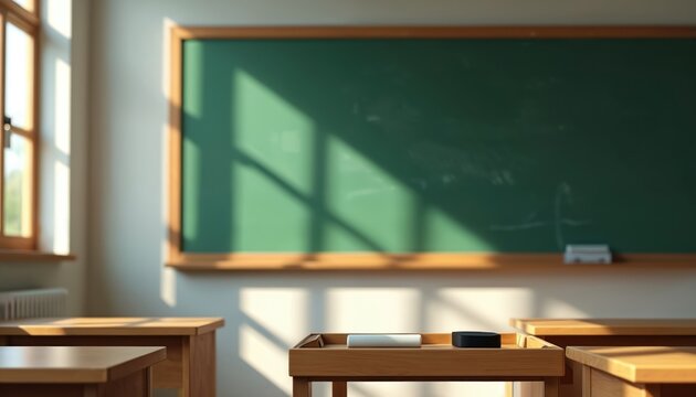 Empty classroom with wooden desks and a green chalkboard. Sunlight streams through the window creating shadow patterns on the wall and floor, evoking a quiet study atmosphere.